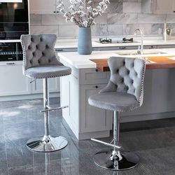 Modern Bar Stools Set of 2, Adjustable Swivel Counter Height Bar Stools with Back, Upholstered Bar Height Chairs with Silver Footrest, Velvet Counter 