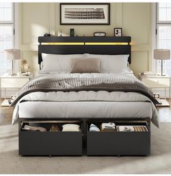 Full Size Bed Frame with Wood Headboard,2 Storage Drawers & Shelf