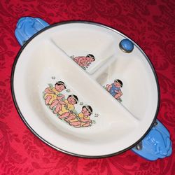 ANTIQUE EXCELLO 1950’s Divided BABYS WARMING DISH w/ SUCTION BOTTOM - BLUE BUNNY HANDLES - Excellent Condition