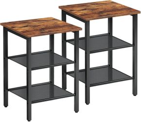 HOOBRO Set of 2 End Tables – Rustic Brown & Black, 3-Tier