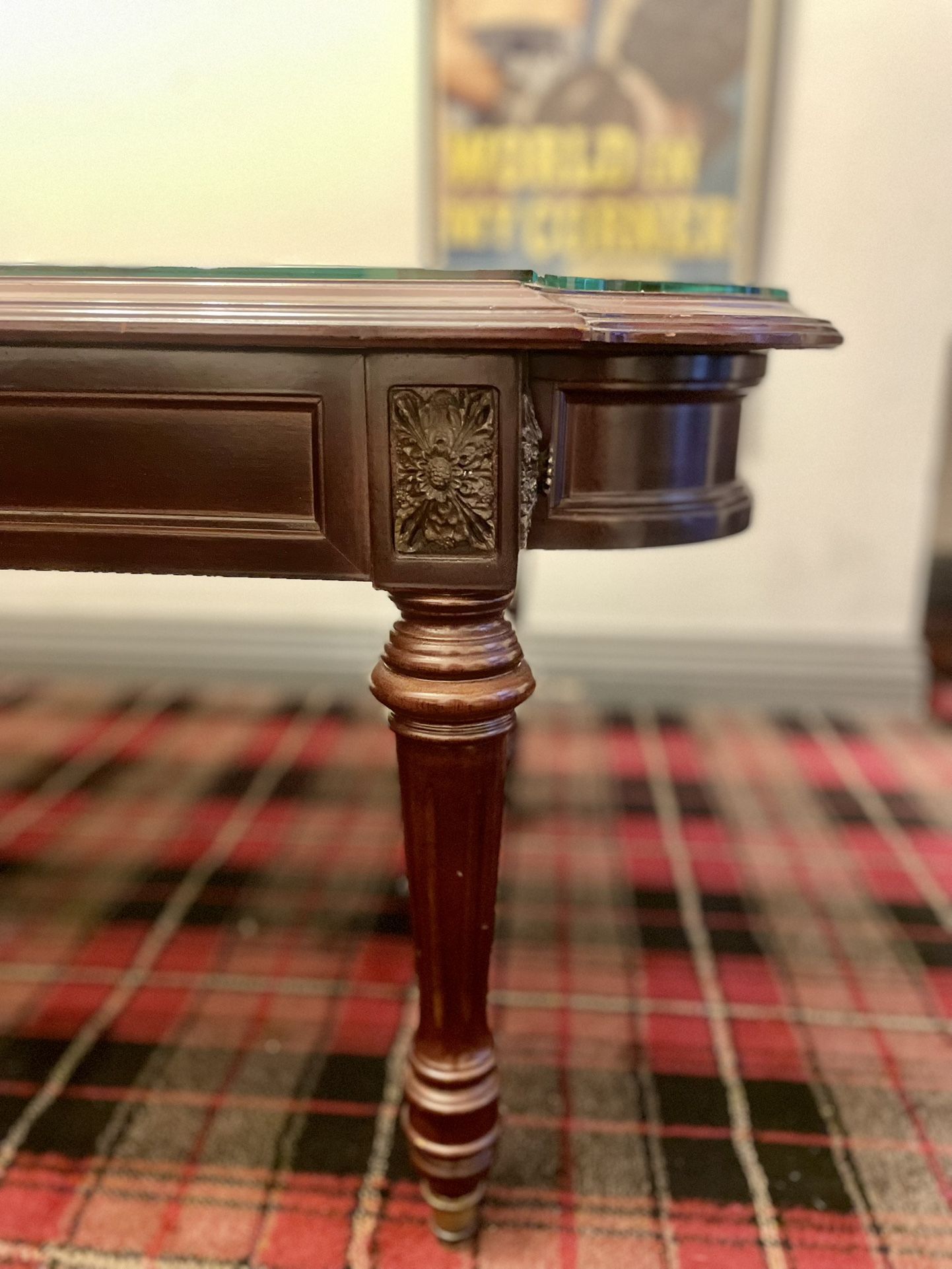 Gorgeous Vintage Mahogany Wood Flute Leg Glass Top Coffee Table with Brass Feet