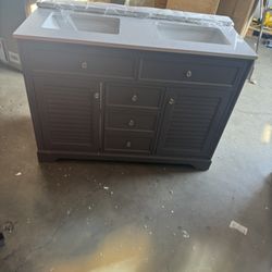 48 in. Dark Brown Wood Double Sink Freestanding Bathroom Vanity with White Marble Top(Assembled)