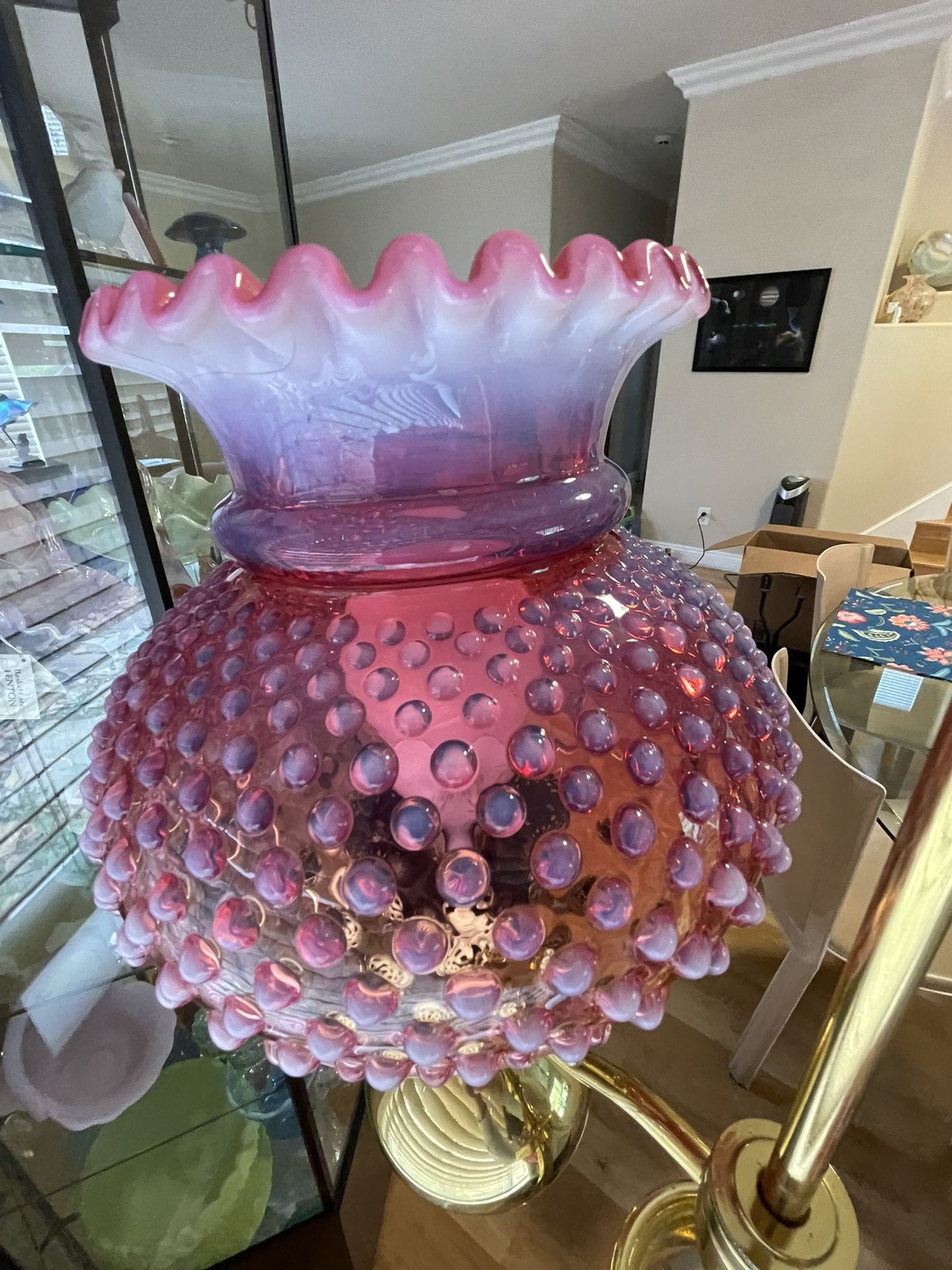 Vintage Fenton Cranberry Opalescent Hobnail Glass And Brass Floor Lamp