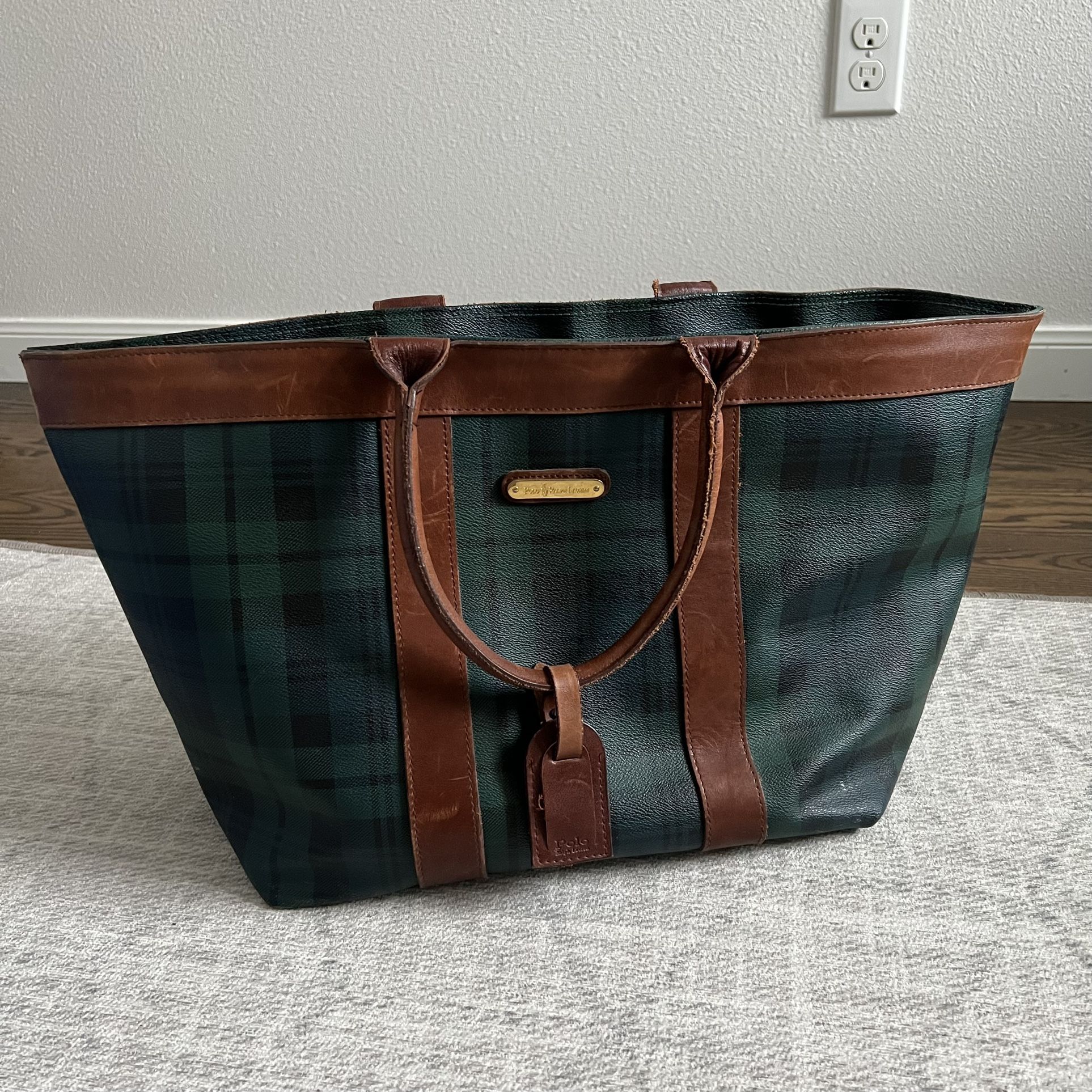 Vintage Polo Ralph Lauren Women’s Leather Green Plaid Handbag Tote Bag