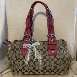Coach Signature Brown Jacquard Canvas Pink Braided Leather Straps Shoulder Bag