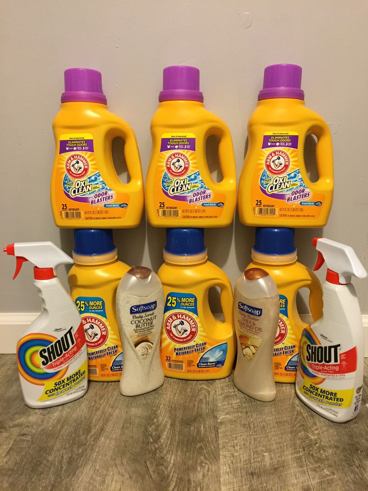 6bottles Arm&Hammer 25 and 32loads 2shout 650ml And 2body wash bundle for $30/ pick Up Gahanna