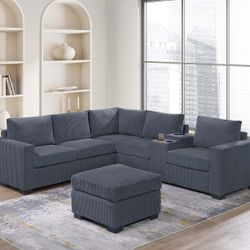 Brand New Dark Grey Corduroy Sectional Sofa w Ottoman 