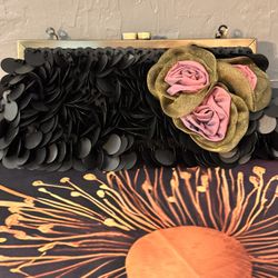 Elegant Evening Bag Black With Chiffon Pink Green Roses On Both Sides 24’’ Chain 