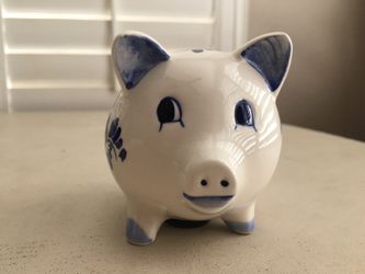 Delft blue piggy bank, 4 inches long, 3 inches high, and painted, made in Holland