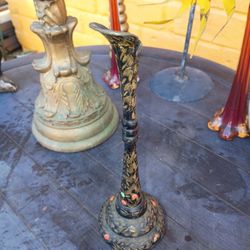 Vintage Pitcher Jug Hand Etched Brass Enamel 10 in tall Black and Gold Vase