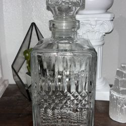 Vintage Clear Cut Glass Decanter with Stopper – Square Diamond Pattern 10” Tall