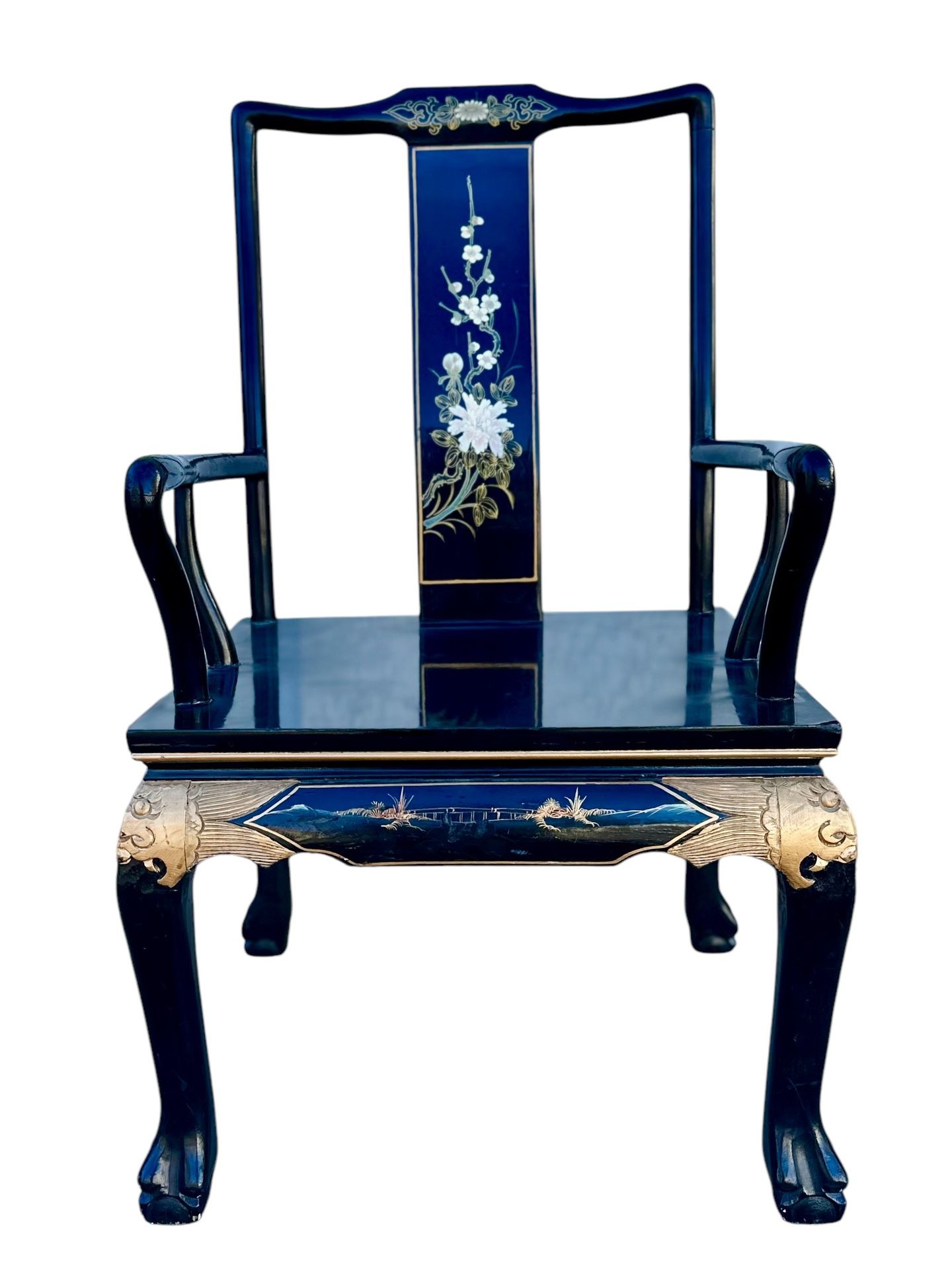 Black Lacquer Queen Anne Oriental Armchair Yoke Back Golden Carved Corners Peonies Mother of Pearl sculpture