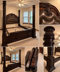 Gorgeous queen-size four-poster bed in a rich dark wood finish with an upholstered brown leather-look headboard, nailhead detailing and substantial ca
