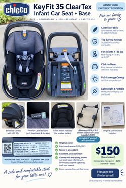 Chicco KeyFit 35 ClearTex Infant Car Seat + Base + UPPAbaby Adapter – $150