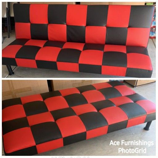 Brand New Black & Red Checkered Leather Tufted Futon