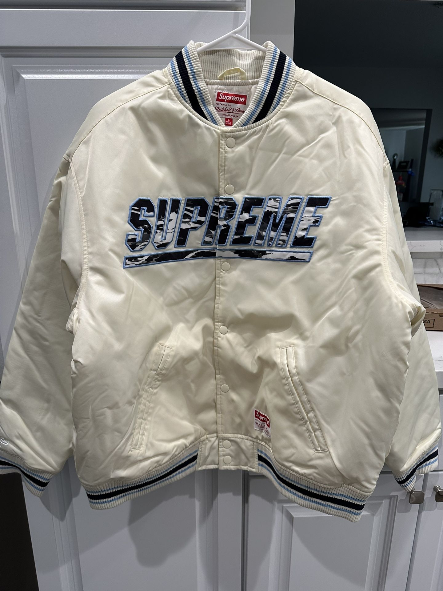 Supreme  Mitchell & Ness Camo Logo Varsity Jacket