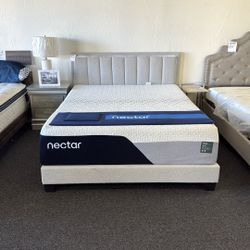 Queen Grey Boucle Platform Bed Frame With LED Lights 