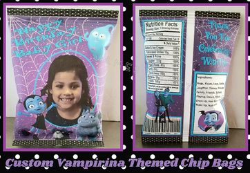 Vampirina themed treat bags, party favors, decorations filled with chips