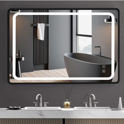 Bathroom Mirror with Arc Corner Aluminum Frame - SR SUN RISE 40x24 Inch Vanity Mirror - Dimmable Anti Fog Wall Light Mirror - Black Bathroom Makeup Mi