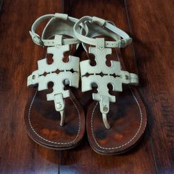 Tory Burch Phoebe Flat Thong Sandals Ivory Tumbled Leather, Size 10.5M
