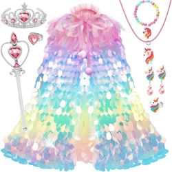 Princess Dress Up for Girls 4-6, 3 4 5 6 Year Old Girl Birthday Christmas Gifts, Rainbow Unicorn Toddler Toys for Ages 3-8, 9 PCS Mermaid Sequin Princ