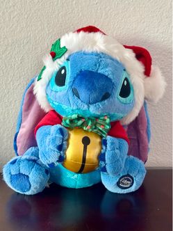 Disney Stitch Holding Jingle Bell Plush Santa Hat Holiday Christmas