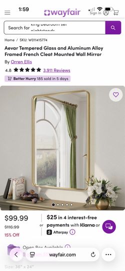New in box-Aevar Tempered Glass and Aluminum Alloy Framed French Cleat Mounted Wall Mirror
