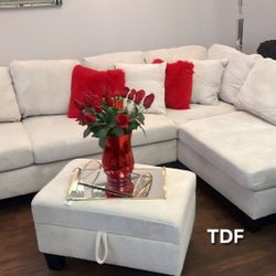 Ivory Color Corduroy Sectional Sofa w/USB +Storage Ottoman (New In Box) 