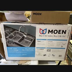 Moen® Lodi™ All-in-One Dual Mount 33" Stainless Steel 2-Hole Double Bowl Kitchen Sink Includes: Sink, Faucet, Dispenser, Strainers