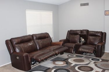 Premium AFW Matching Dark Brown Leather Reclining Sofa & Loveseat Set