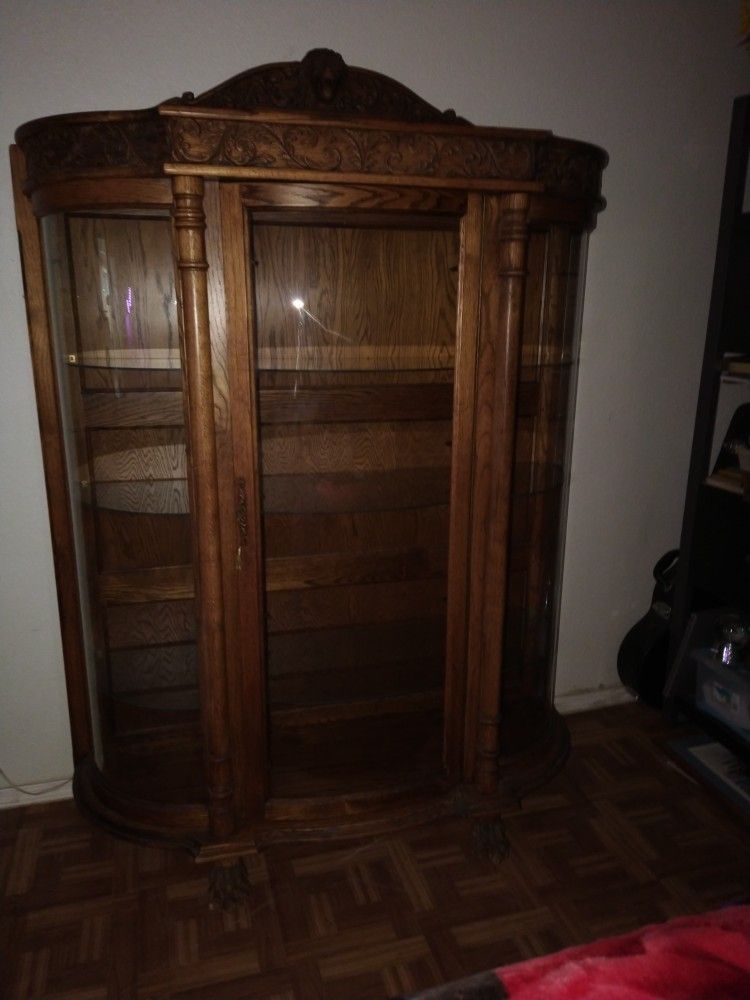 PRICE DROP NOW $900.00 HAND CARVED SOLID OAK THREE SHELVE ROUNDED LOCKING CHINA CABINET