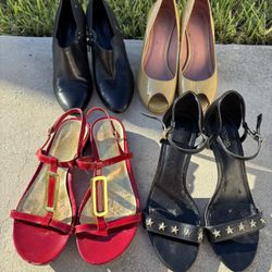 Lot of 4 Women's Shoes Heels Flats Black Yellow Red Size 8 Slip-on Buckle Strap