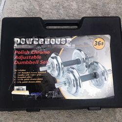 Powerhouse Chrome Dumbbell Set, Rubber Grips, 30 Lbs, Arm Strength! In Carry Case, Like New 