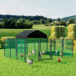 Chicken Cage Walk-in Chicken Coop Pen Run Poultry Cage Outdoor Metal Fence with Cover, 10.2' L x 12.9' W x 3.6' H