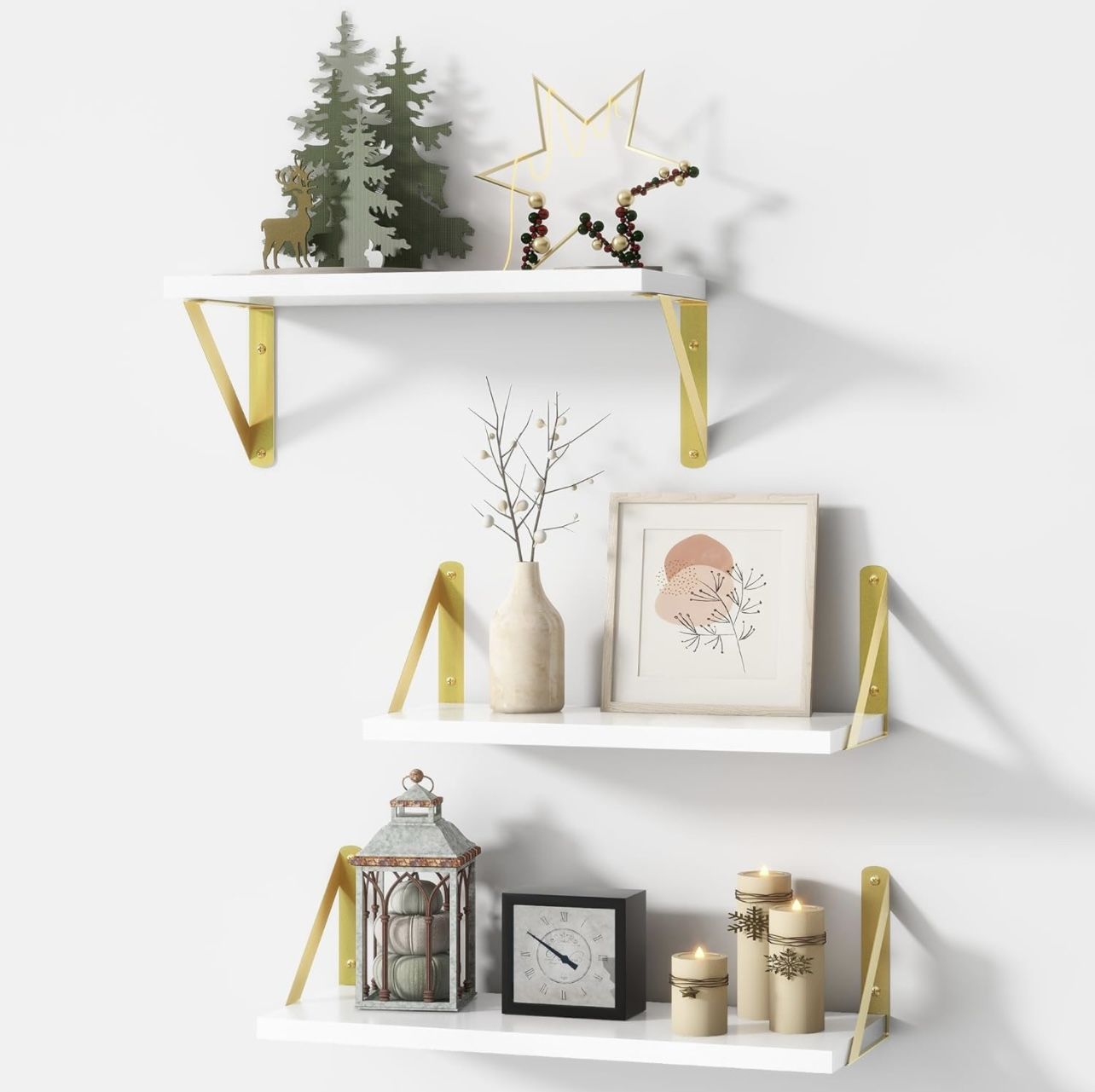 Rustic Floating Shelves Wall Mounted Set of 3 (White and Gold)