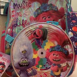 TROLL 5 PIECE SET Music Is Life Backpack,  Lunch Bag, Gadget Case, Water Bottle, Hair Band 