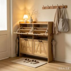 Shoe cabinet with 4 flip drawers, country-style storage (light oak color)
