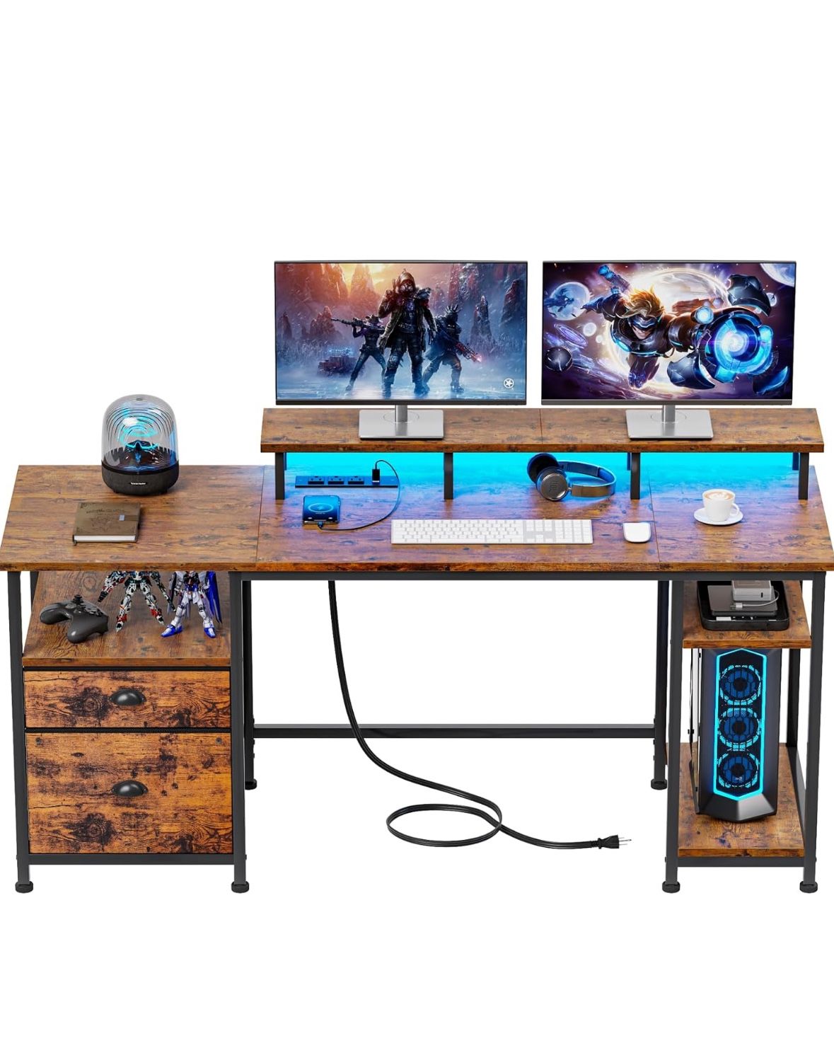 Furologee 61" Computer Desk with Power Outlet and LED Lights, Desk with Fabric File Cabinet Drawer, Large Reversible Table with Shelves and Monitor St