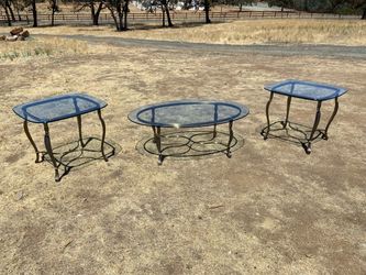 Vintage Hollywood Regency Style Oval  Glass-Top Coffee Table And Side Table Set