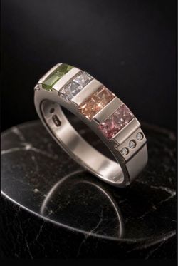 Solid Silver Band Ring with Peridot Topaz Sapphire and Tourmaline stones with accent Diamonds