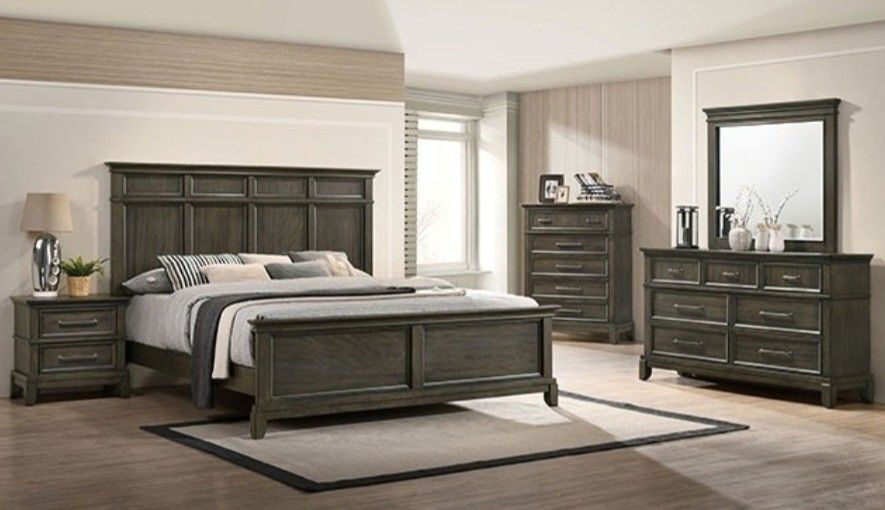 Brand New Grey 4pc Queen Bedroom Set 