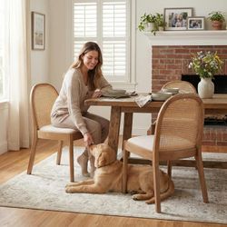 DUOMAY Mid-Century Modern Rattan Dining Chairs Set of 2, Wooden Dining Room Chair with Cane Backrest and Padded Seat, Linen Upholstered Dining Chair, 