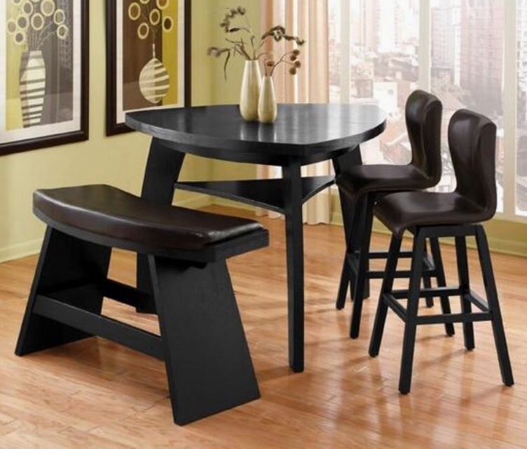 Dinning Room Set, Triangle Table with 2 Tall Chairs and Ottoman Cushion