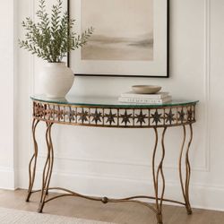 Fine Modern Contemporary High End Stars Art Half Moon Iron Glass Sofa Entryway Foyer Table Gold Copper Color Interior Decorator Decor HILLCREST