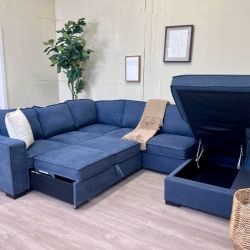 WE DELIVER! 🚚 - Bob’s Furniture “Playscape” Blue Modern Sleeper U Sectional Couch with Storage Chaise