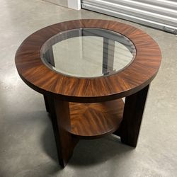 Round Wood Coffee Table with Glass Inlay – 30”