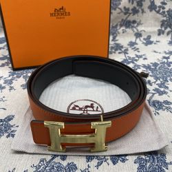 Hermes Orange H Buckle Reversible Leather Smooth Buckle Belt