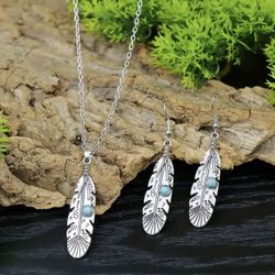 Vintage Retro Leaf Design Imitation Turquoise Necklace Earrings Set 