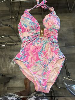 Lilly Pulitzer Lanai Halter One Piece Light Pascha Pink Swimming Suit Swim White