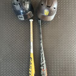 Lot of Baseball Equipment - 2 Bats, 2 Helmets - Youth